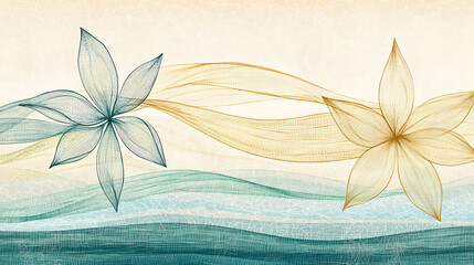Delicate floral design with flowing lines, featuring light pastel flowers and wavy teal water patterns.  Soft, ethereal textures with gentle color gradients create a calming ambiance
