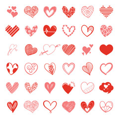 Doodle Hearts isolated on white background. Love symbol. Hand drawn hearts.