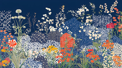 Vibrant floral tapestry, with diverse flowers, foliage, and textured hills, set against a rich navy backdrop. Detailed botanical illustration with a layered aesthetic