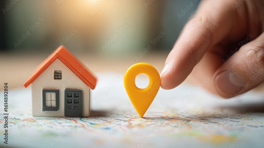 Poster hand pointing at location marker next to small house model on paper map for real estate concepts