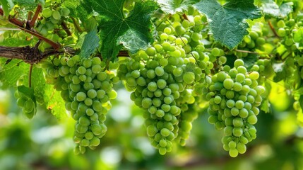 Fresh Green Grapes on Vine Surrounded by Lush Foliage in Bright Natural Light