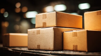Stacked Cardboard Boxes Ready for Shipment in a Warehouse with Blurred Background and Soft Lighting