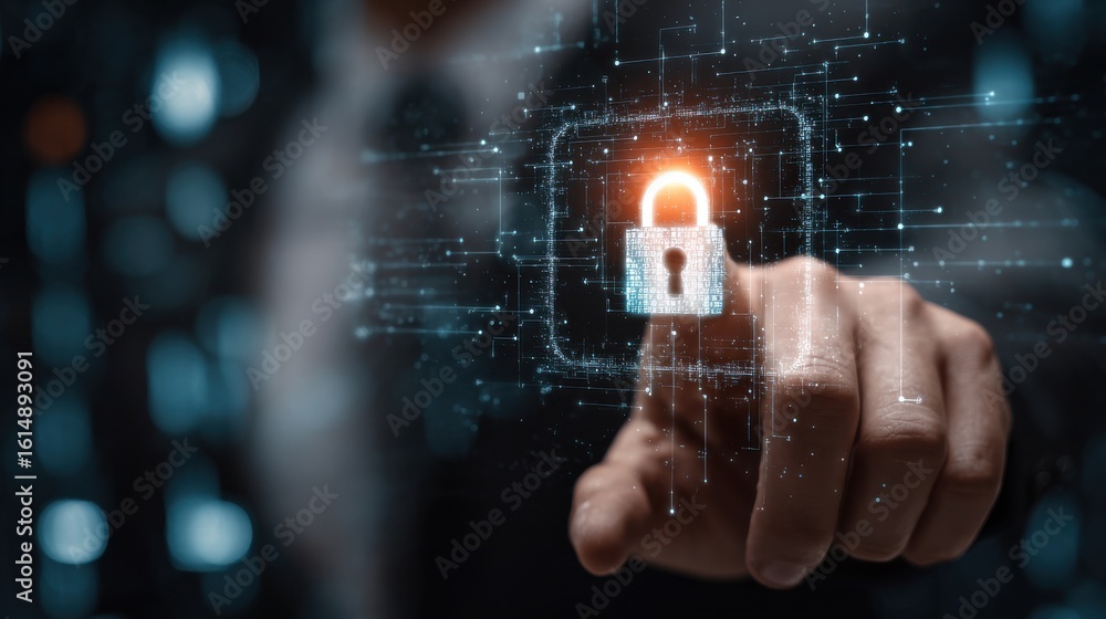 Poster businessman using digital lock icon for cybersecurity and data protection concept in abstract techno