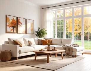 Cozy autumnal living room with large windows