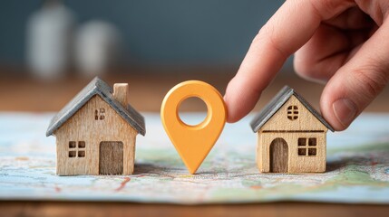 Wooden Houses with Map and Location Pin Symbolizing Real Estate Guidance and Navigation