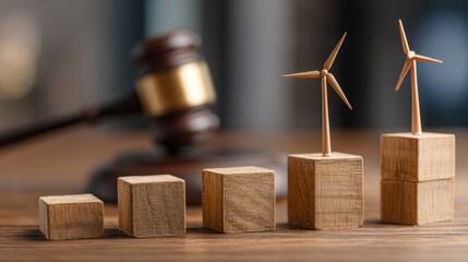 Wooden Blocks with Wind Turbines and Gavel in Background Representing Renewable Energy and Legal Aspects