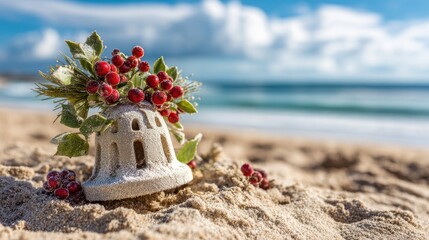 Sandcastle Decorated with Vibrant Berries on a Calm Beach Under a Cloudy Sky