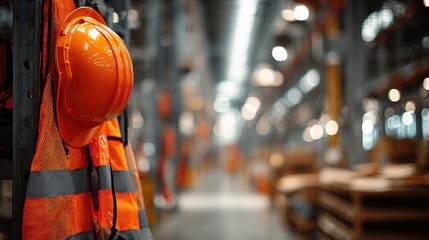 Bright Orange Safety Gear Hanging in Industrial Warehouse Environment with Blurred Background