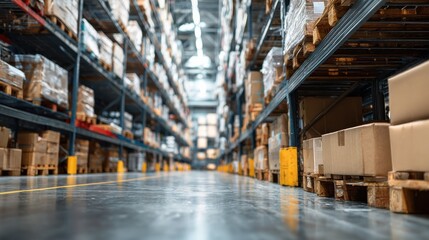 Industrial Warehouse Interior with Pallet Stacks and Aisle Space for Inventory Management and Logistics Operations