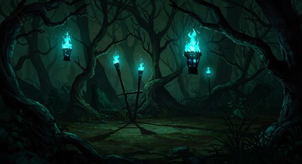 Mysterious enchanted forest clearing with glowing blue torches casting eerie shadows on the ground