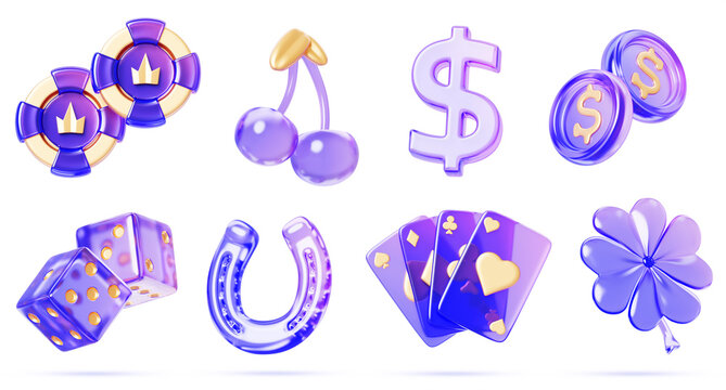 3d glass hologram casino slot machine icon. Purple gold game ui element set. Neon chip, play card, dice, clover, cherry, horseshoe, coin, dollar sign. Gambling render interface asset. 3D illustration
