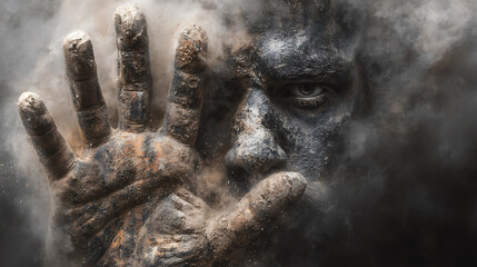 A mans face emerges from a cloud of smoke and dust, his hand held up in a defensive gesture