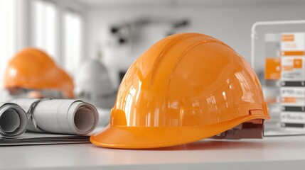 Bright Orange Hard Hat on Workplace Desk Surrounded by Blueprints and Equipment in Construction Setting