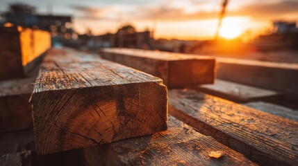 Close-Up View of Wooden Beams at a Construction Site during Sunset Glow