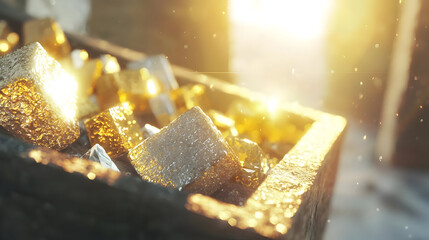 Golden and silver cubes in wooden box, bathed in sunlight.  Sparkling jewels within a rustic chest