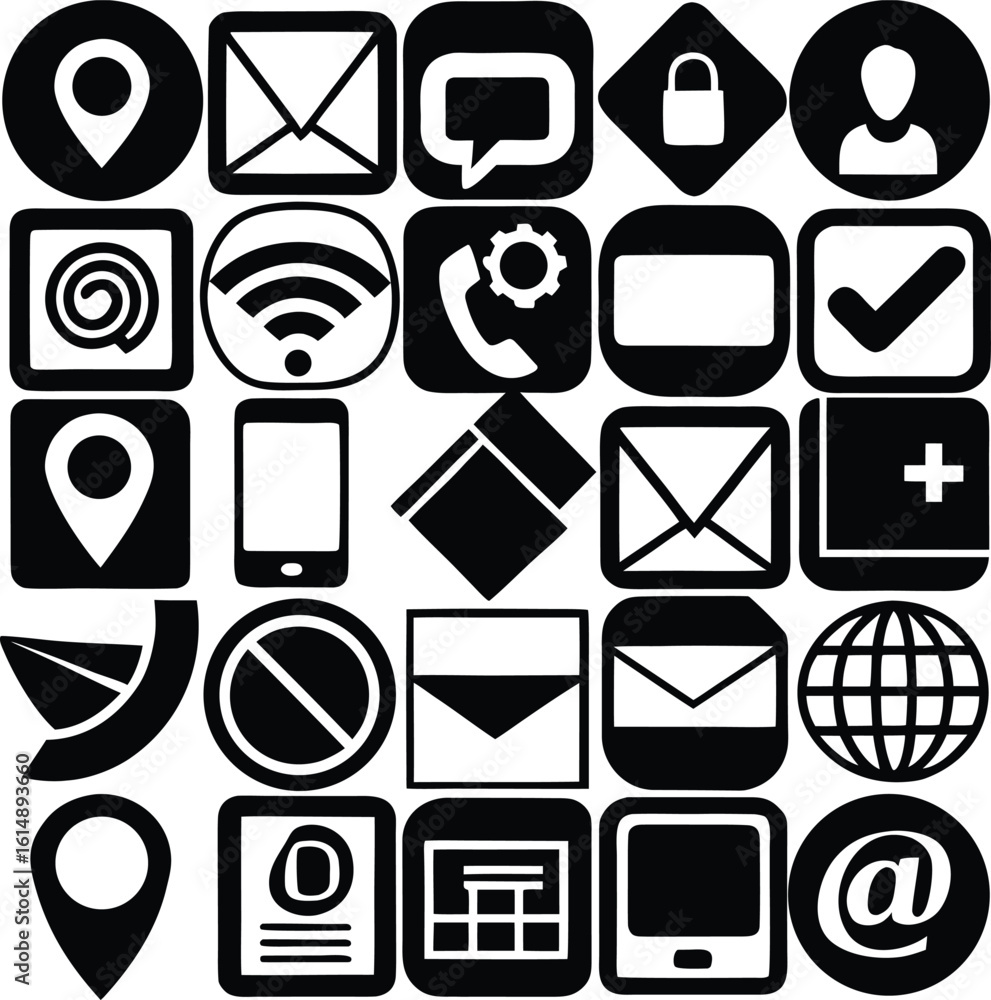 Poster a grid of 25 black and white digital icons representing common mobile application and communication 
