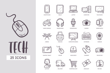 Electronics and Technology Icon Set. 25 cute hand-drawn line art style. Vector illustration.