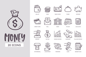Money and Finances Icon Set. 20 cute hand-drawn line art style. Vector illustration.