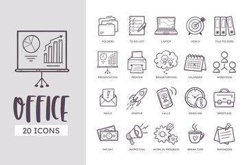 Office and Business Icon Set. 20 cute hand-drawn line art style. Vector illustration.