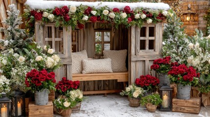 Fototapeta premium Wooden benches surrounded by colorful flowers in an outdoor garden setting during daylight.