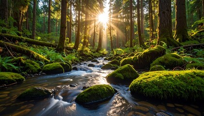 Obraz premium Sunbeams pierce a lush forest, illuminating a moss-covered stream