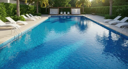Serene Poolside Retreat: Turquoise Water, White Loungers, and Lush Greenery in Tropical Paradise
