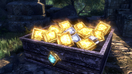 Many glowing gold and  white gems in a wooden crate outdoors