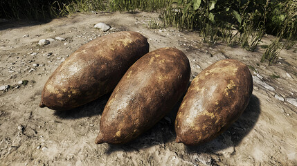 Three large, oblong, rusty-brown objects, lying on sandy ground amidst green vegetation.  They appear textured and slightly glossy