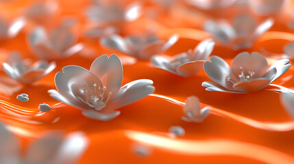 Soft, white flowers on an orange surface.  Petals and centers detailed.  Delicate, flowing texture
