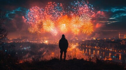Fireworks are lit up in the sky above a city at night