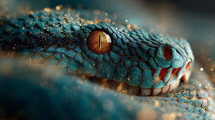 Obraz premium A closeup of a striking blue viper snakes head, its orange eye gleaming with a hint of magical glitter in the dark