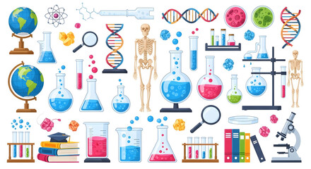 A diverse collection of scientific icons and educational symbols for biology, chemistry research, and laboratory work.