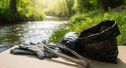 River Cleanup Tools Poised for Action by a Sunlit Sparkling Stream.