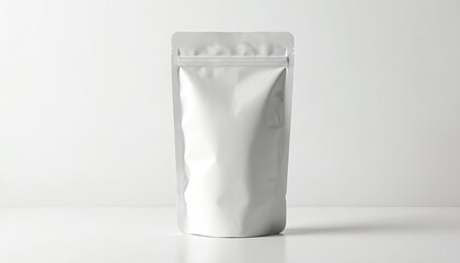 Blank white food pouch packaging mockup with ziplock closure. Modern simple foil bag design, empty container for retail branding. Isolated on smooth shiny background, clean minimalist template for
