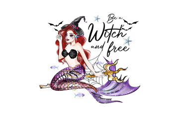 A beautiful mermaid witch with a purple tail and a black hat is isolated on transparent background