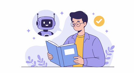 Young man attentively reads a book, guided by a helpful robot assistant.