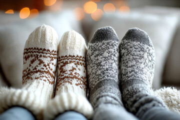 Two pairs of cozy wool socks with winter patterns on feet indoors. Concepts of relaxation and seasonal comfort