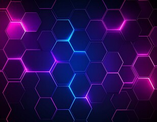 Abstract dark background with glowing hexagon patterns in purple and pink neon, high-tech sci-fi vibes, cyberpunk style, smooth gradient