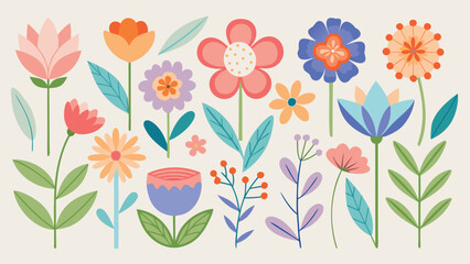 Vector art of a colorful assortment of blooming flowers and green leaves