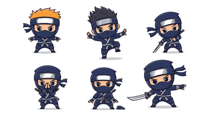A collection of six cute chibi ninja characters in dark blue outfits