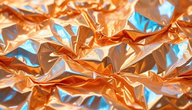 Close up festive abstract background of golden orange crumpled glossy metallic plastic foil