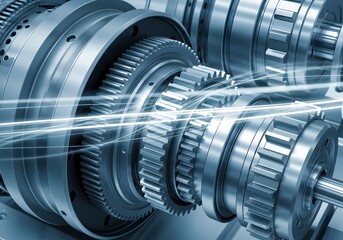 Detailed metallic gears with light streaks