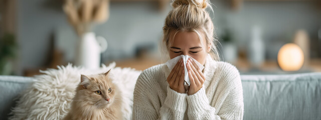 Young woman with tissue experiencing allergies or cold symptoms sitting on a sofa with a fluffy cat in a cozy living room setting