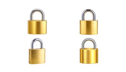 Golden brass padlock with key on white background