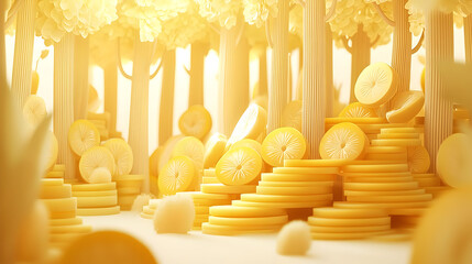 A sunlit, stylized forest scene.  Cut citrus slices and golden coins form a whimsical landscape, bathed in warm light.  Gentle, pastel yellow hues create a serene atmosphere