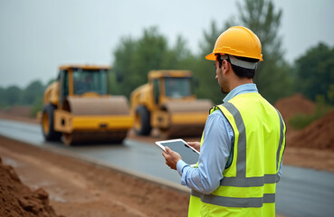 Construction inspector in hard hat, safety vest uses tablet to monitor roadwork. Yellow steamrollers operate on asphalt. Urban infrastructure project development progress.