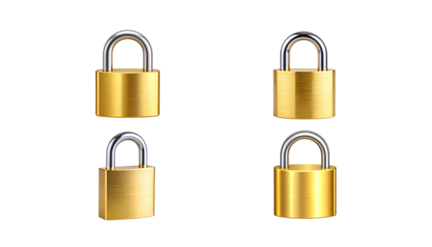 Golden brass padlock with key on white background