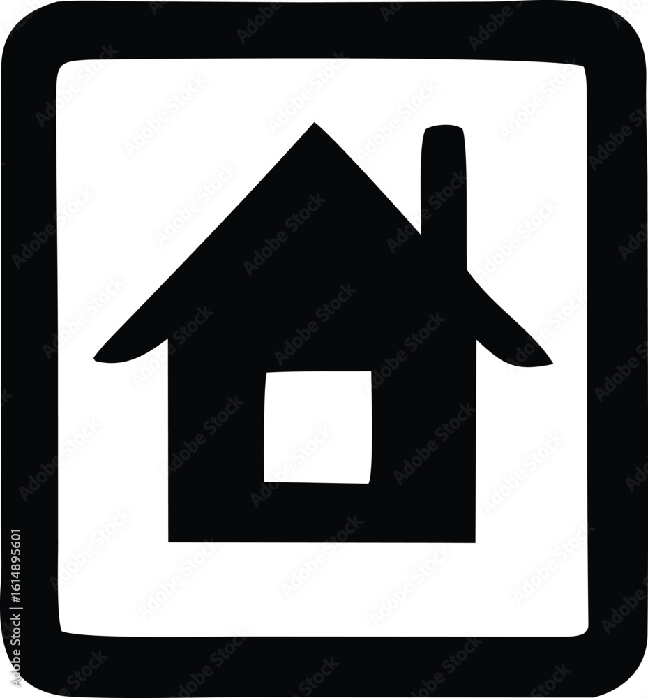 Poster simple black and white icon of a house with a chimney and square window inside a rough square border