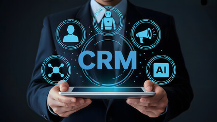 Businessman holding tablet displaying crm and ai icons in a futuristic style