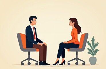 Obraz premium Modern illustration showing man, woman in casual attire seated in waiting area, possibly for consultation. Scene uses minimalist flat design with pastel colors, conveying calm, patient atmosphere